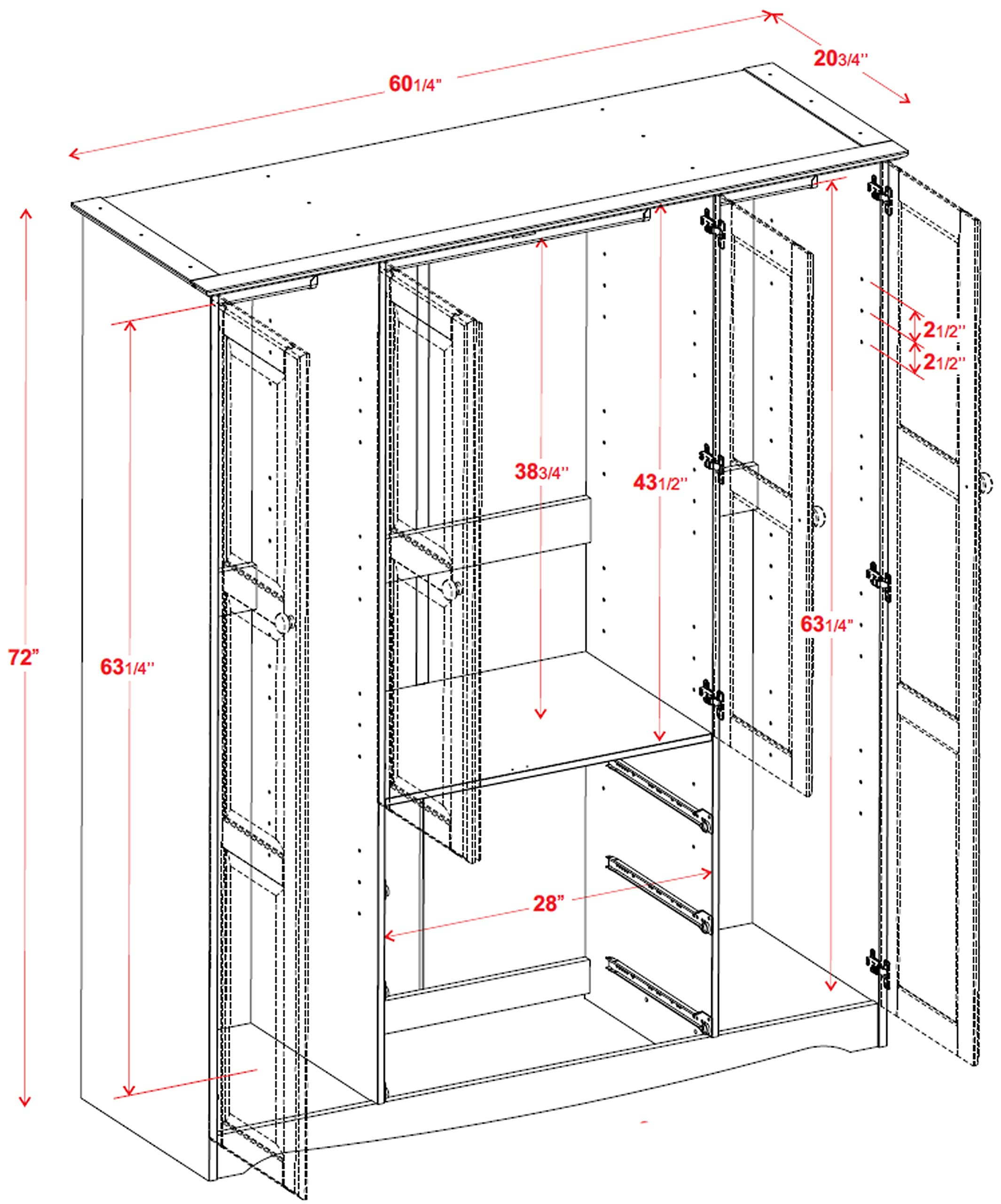 【Furniture】100% Solid Wood Family Wardrobe/Armoire/Closet, 60"x72"x21", 3 Clothing Rods Included