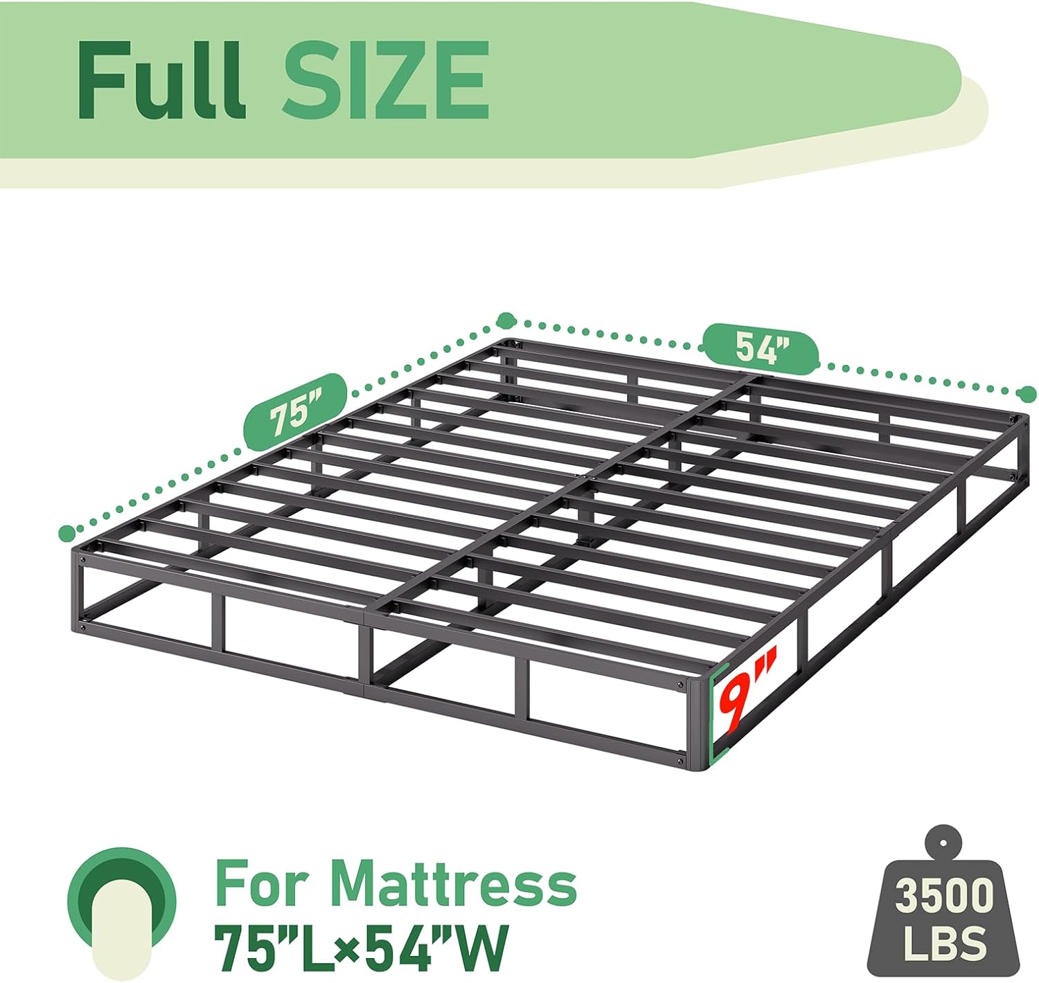 9 Inch High Full Box Spring, Low Bed Frame with Fabric Cover, 3500 Lbs Heavy Duty Metal Mattress Base, Easy Assembly, Noise Free