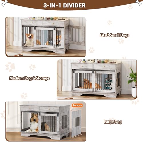 Dog Furniture Crate, 47" Large Dog Crate Furniture w/ 2 Storage Draws & Removable Divider for Large/Medium/Small Dogs (Grey, One Cage)