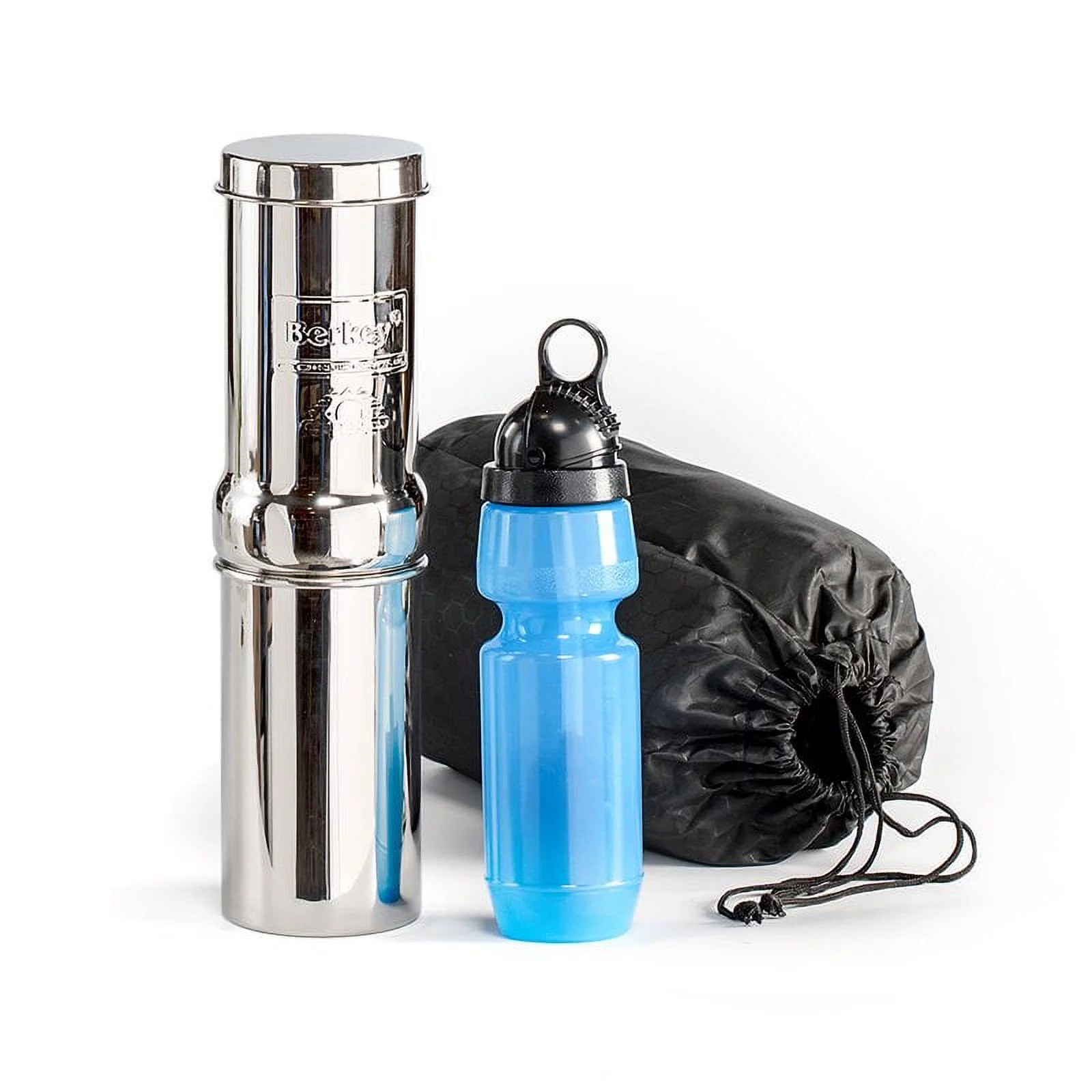 Go Berkey Kit -Includes Stainless Steel Portable Water Filter System with Sport Berkey Water Bottle (Filter included) and a Vinyl Black Carrying Case