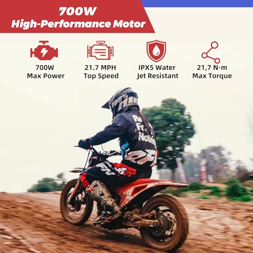E500 36V Kids Electric Dirt Bike, Electric Motorcycle with 700W Motor | 21.7 mph Max Speed, 15.5-Mile Range & 3 Speeds Off-Road Bike for Ages 4-8