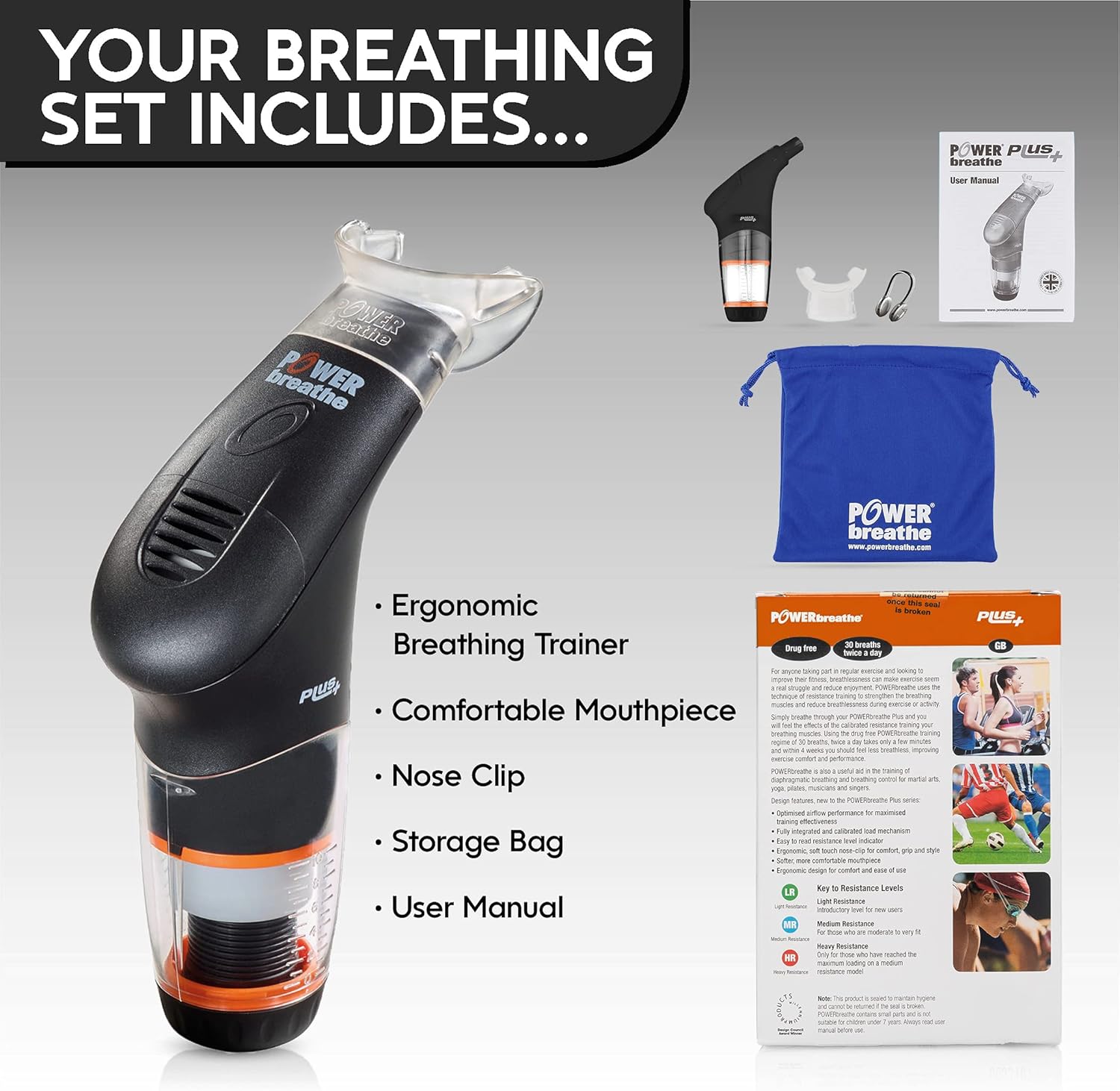 POWERbreathe - Breathing Exercise Device, Breathing Trainer and Therapy Tool to Strengthen Breathing Muscles and Help Lung Capacity
