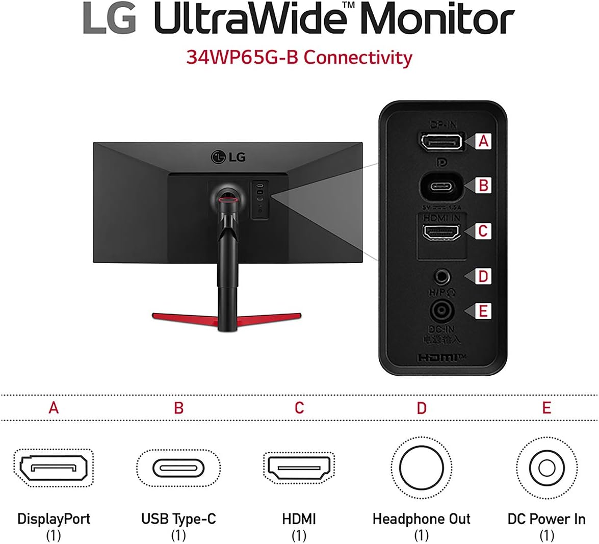 LG 34WP65G-B 34-inch FHD (2560 x 1080) UltraWide Computer Monitor, IPS, VESA DisplayHDR 400, HDR10, 75Hz, AMD FreeSync, HDMI, DisplayPort, USB Type-C
