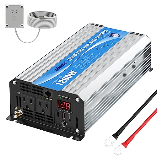Power Inverter Pure Sine Wave 1200 Watt 12V DC to 120V with USB Ports Type-C PD30W and QC 3.0 Fast Charger with Remote for RV Car Solar System