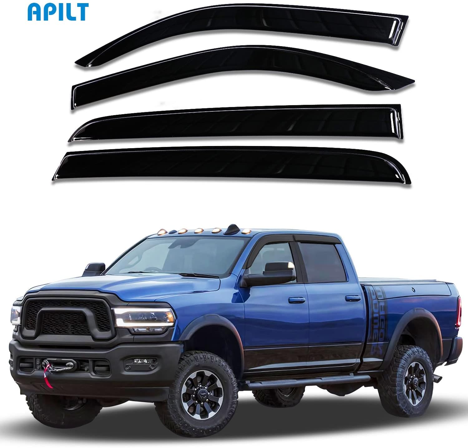 APILT Large Vent Visors Side Window Deflectors Tape-On Rain Guards Dark Smoke 4-Piece Set for 2019-2022 Dodge RAM 1500,2500 & 3500 Crew & Mega Cab