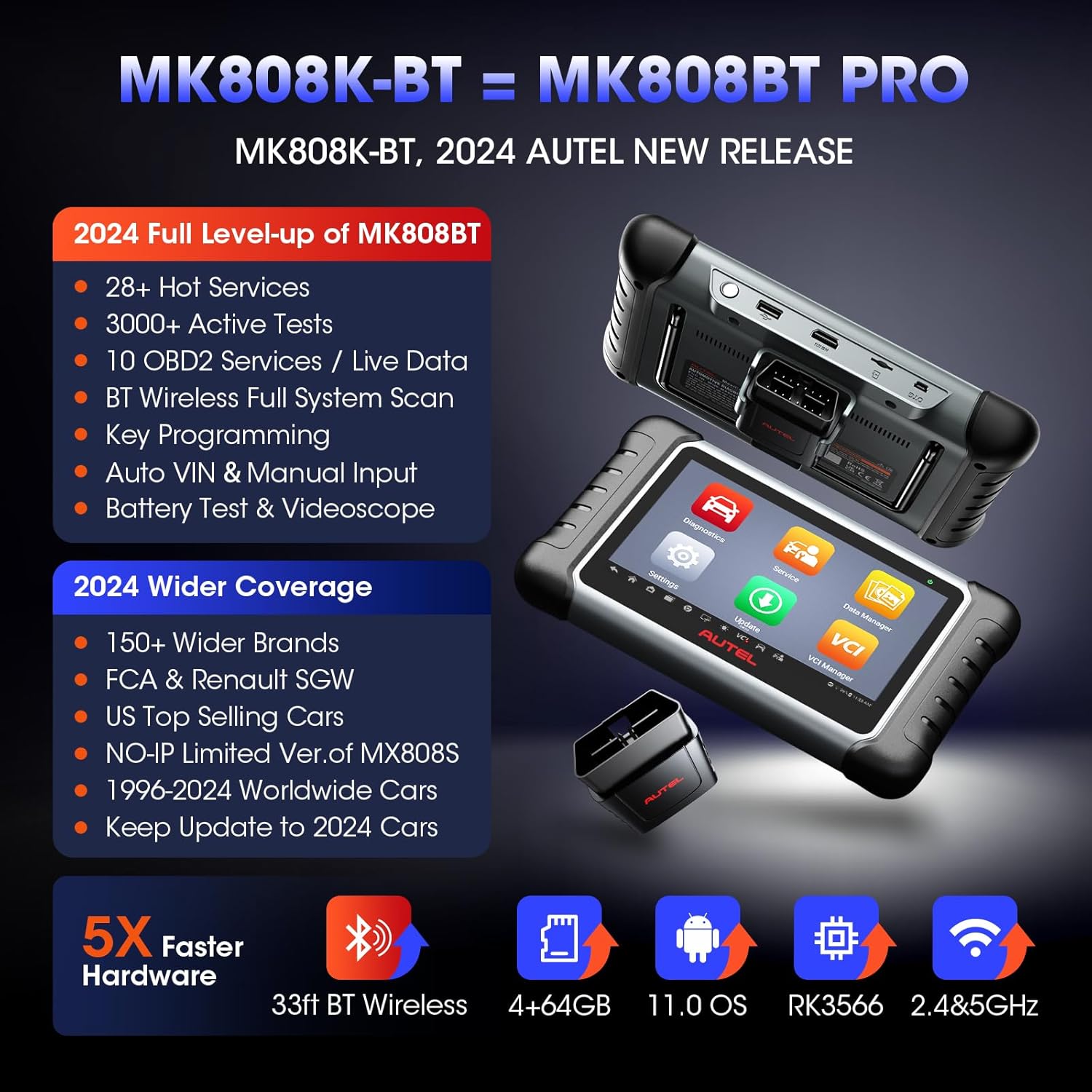Autel Scanner MaxiCOM MK808K-BT, BT Bidirectional Tool, Updated of MK808BT MK808S MX808S, Active Tests, 28+ Services, All-system Diagnostics