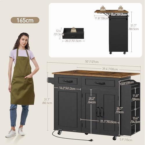 Kitchen Island with Power Outlet & Drop Leaf, Mobile Rolling Cart with Trash Can Storage, 3-Tier Spice Rack,Island Table for Kitchen, Dining Room