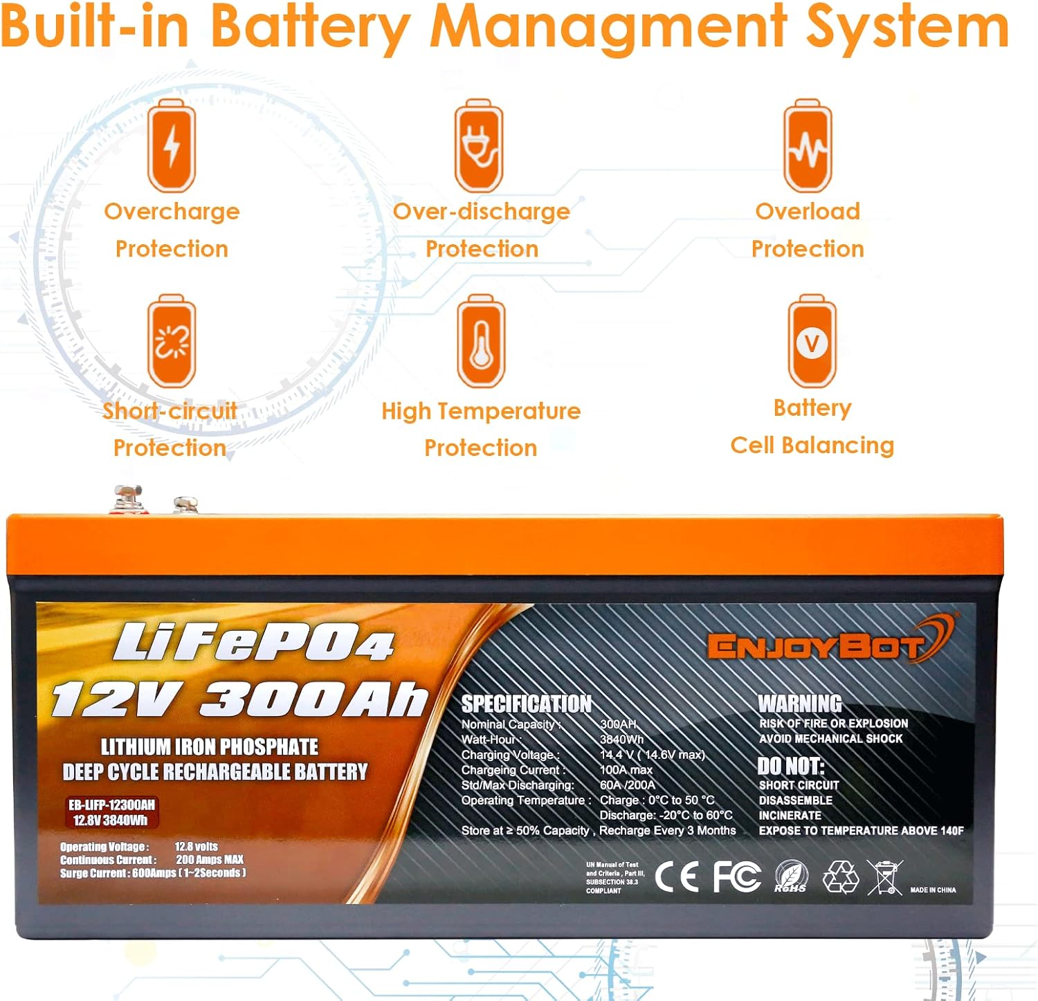 Enjoybot Deep Cycle Battery LiFePO4 12V 300Ah, Built-in 200A BMS, Lithium Iron Phosphate Battery for Solar RV Marine Camping