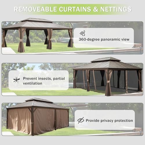 Domi 10’ x 10’ Hardtop Gazebo Metal Frame Canopy with Netting & Curtains