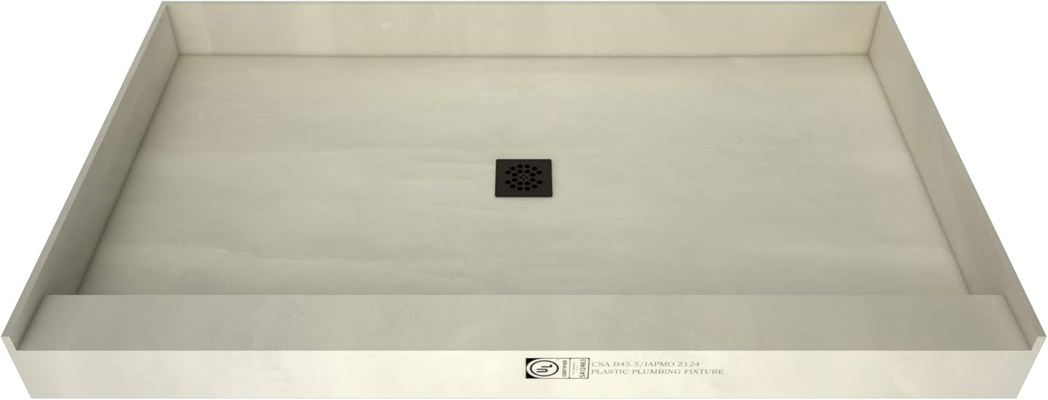 Tile Redi T3660C-SCTTBVZ Shower Pan Kit with Flashing, Center Drain- Single Curb Shower Base, 2" PVC Drain and Grate Included, 60" Width x 36" Depth