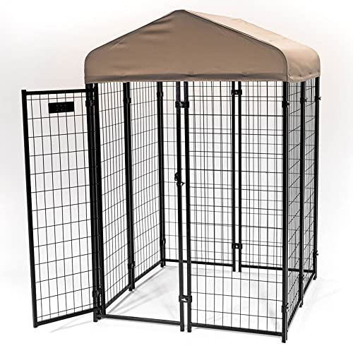 Stay Series 4 by 4 by 4.3 Feet Studio Jr. Black Powder Coat Steel Frame Outdoor Dog Kennel with Waterproof Canopy Roof and Gate Door, Khaki
