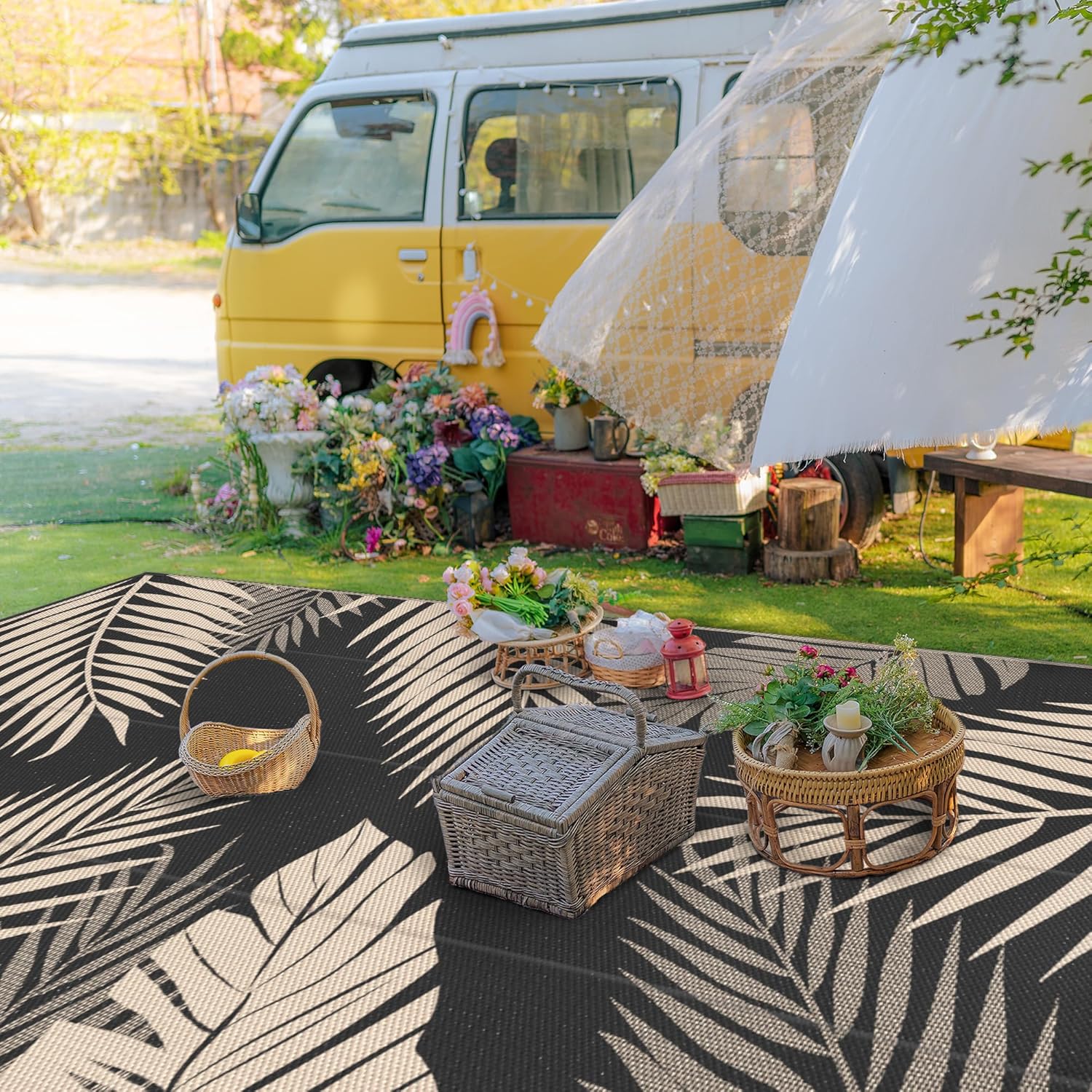 GENIMO Outdoor Rug 9' x 18' Waterproof for Patios Clearance, Reversible Outdoor Plastic Straw Camping Rug Carpet, Large Area Rugs Mats for RV, Camper