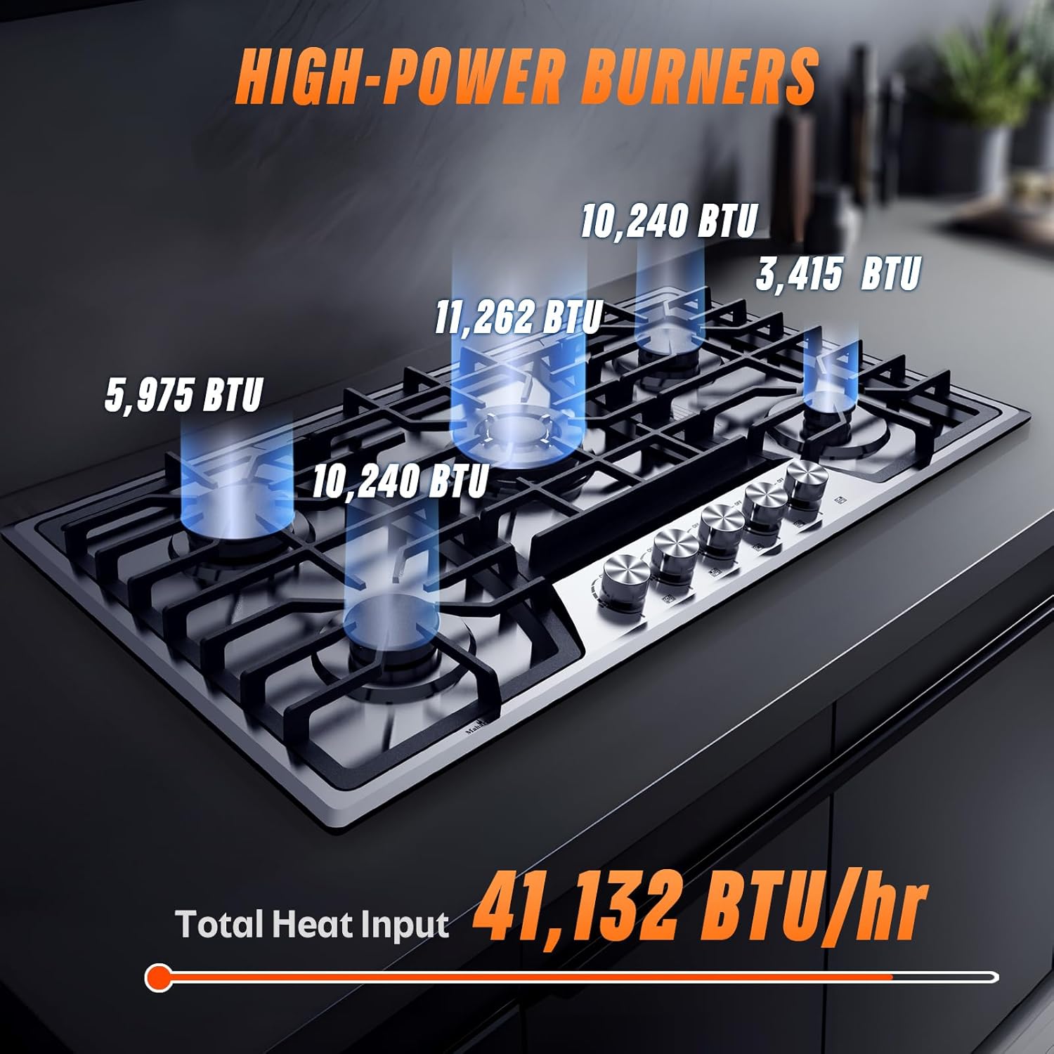 36 Inch Gas Cooktop, Maharlika Gas Stove Top Bulit-in with 5 Burner Stainless Steel Total 41,132 BTU, 36" NG/LPG Convertible Cooktops Dual Fuel