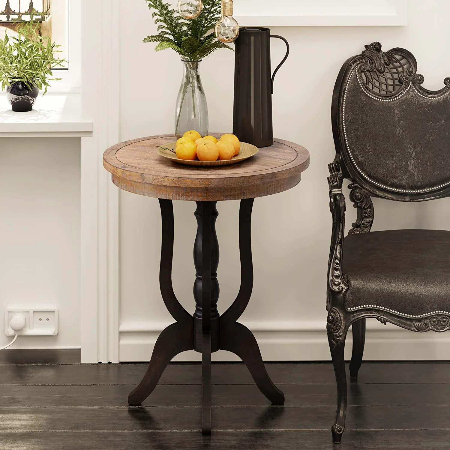 Rustic Farmhouse End Table, Natural Top Side Table for Family, Dinning or Living Room, Handcrafted Finish, Modern, Black