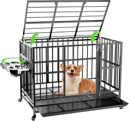 LOVMOR 48" Heavy-Duty Dog Crate with Wheels, Air-Lift Top, Dual 360° Adjustable Bowls – Ideal for Large Dogs