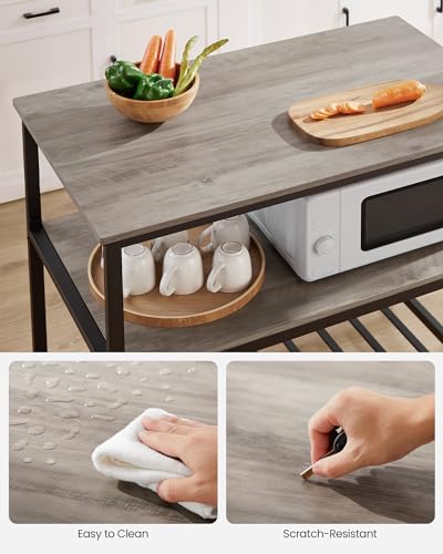 VASAGLE Kitchen Island with 3 Shelves, 47.2 Inches Width Kitchen Shelf with Large Worktop, Stable Steel Structure, Industrial, Easy to Assemble