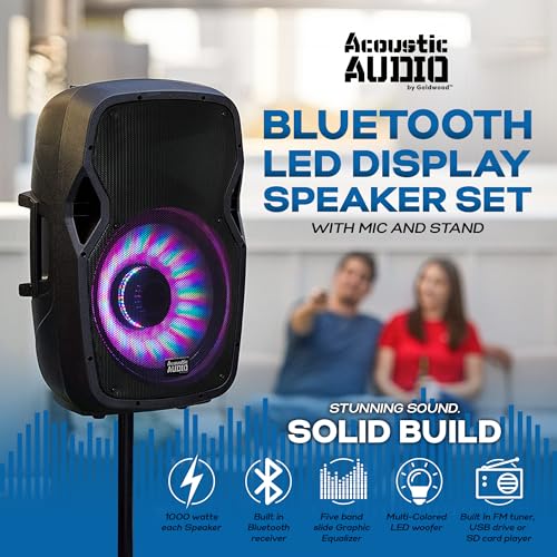 Acoustic Audio by Goldwood 1000W Bluetooth Speaker Set w/ 15" Woofer - Portable PA Sound System w/ Microphone, Adjustable Stand & Remote for Karaoke