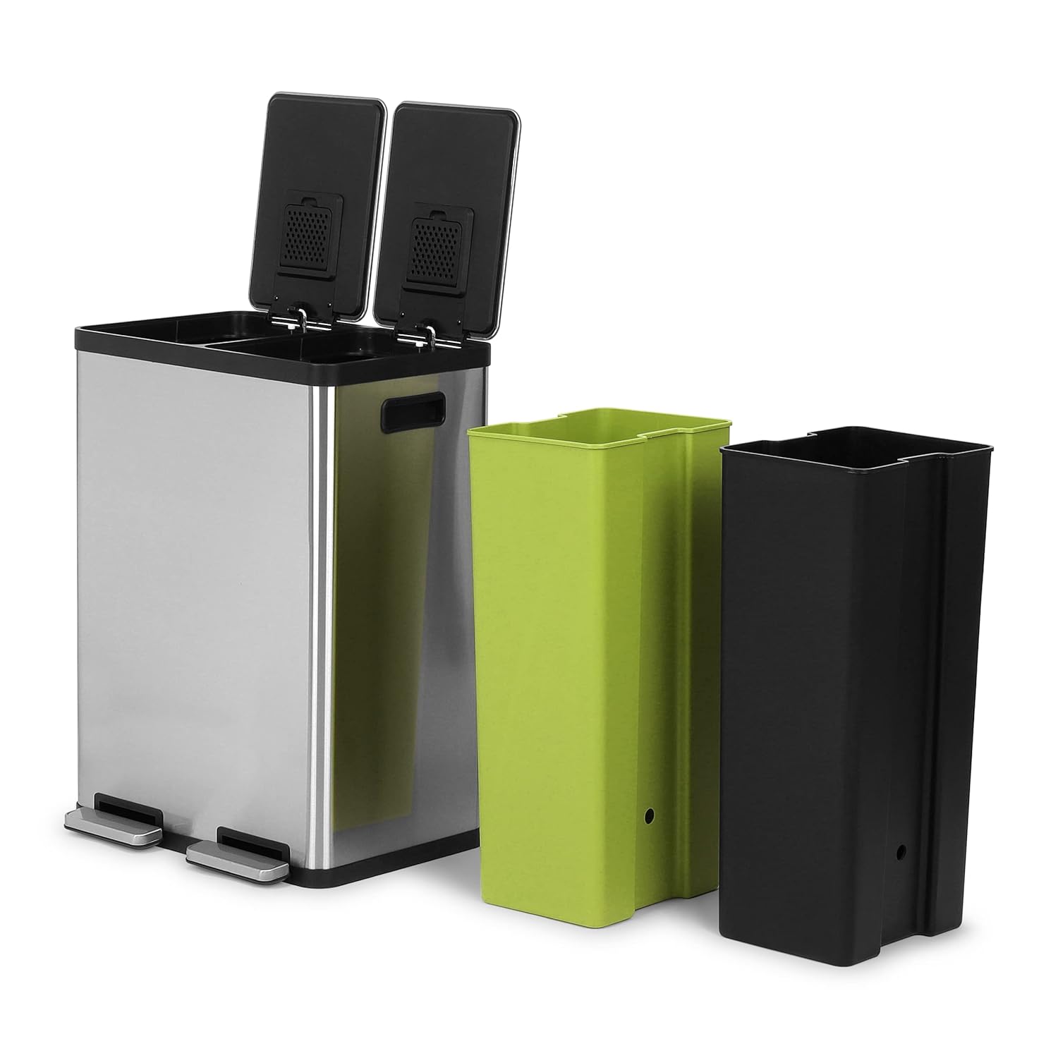 SIMPLI-MAGIC 60 Liter / 16 Gallon Rectangular Hands-Free Dual Compartment Recycling Kitchen Step Trash Can with Soft-Close Lid