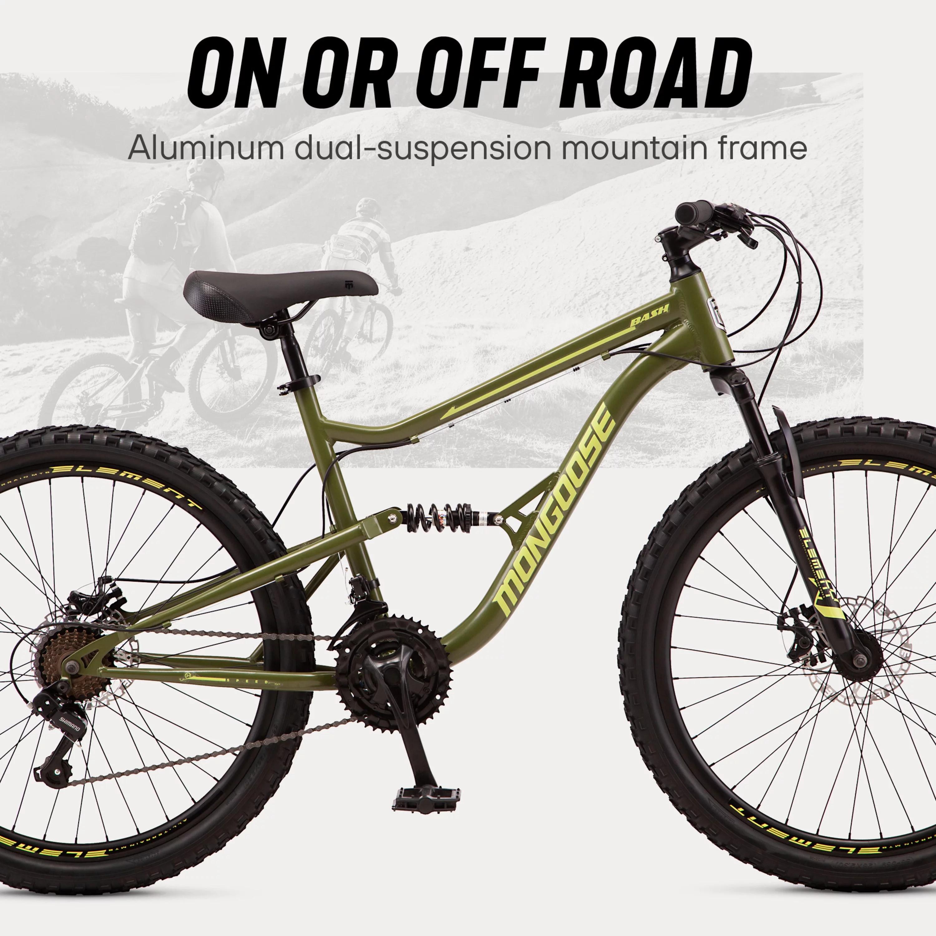 Mongoose Bash Suspension mountain bike, 21 speeds, 26-inch wheels, green - Radiant Selections