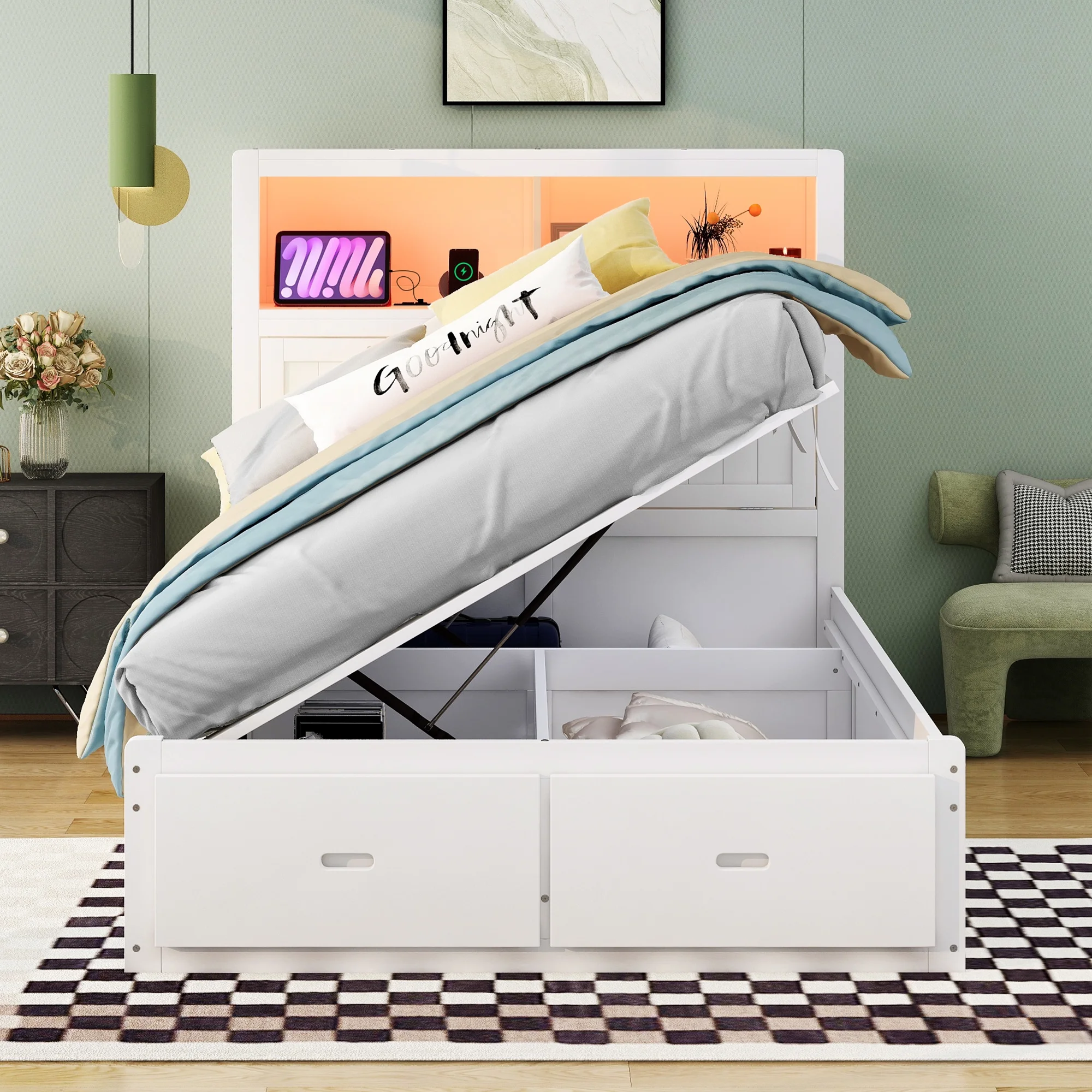 Churanty Full Size Platform Bed with Storage Shelves Headboard, Hydraulic Cabinets and 2 Drawers Underneath