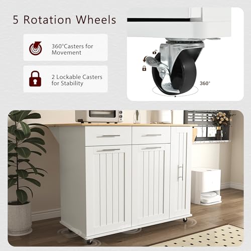 Farmhouse Kitchen Island with Power Outlet, Drop Leaf, Spice Rack and Drawer,Rolling Kitchen Cart on Wheels