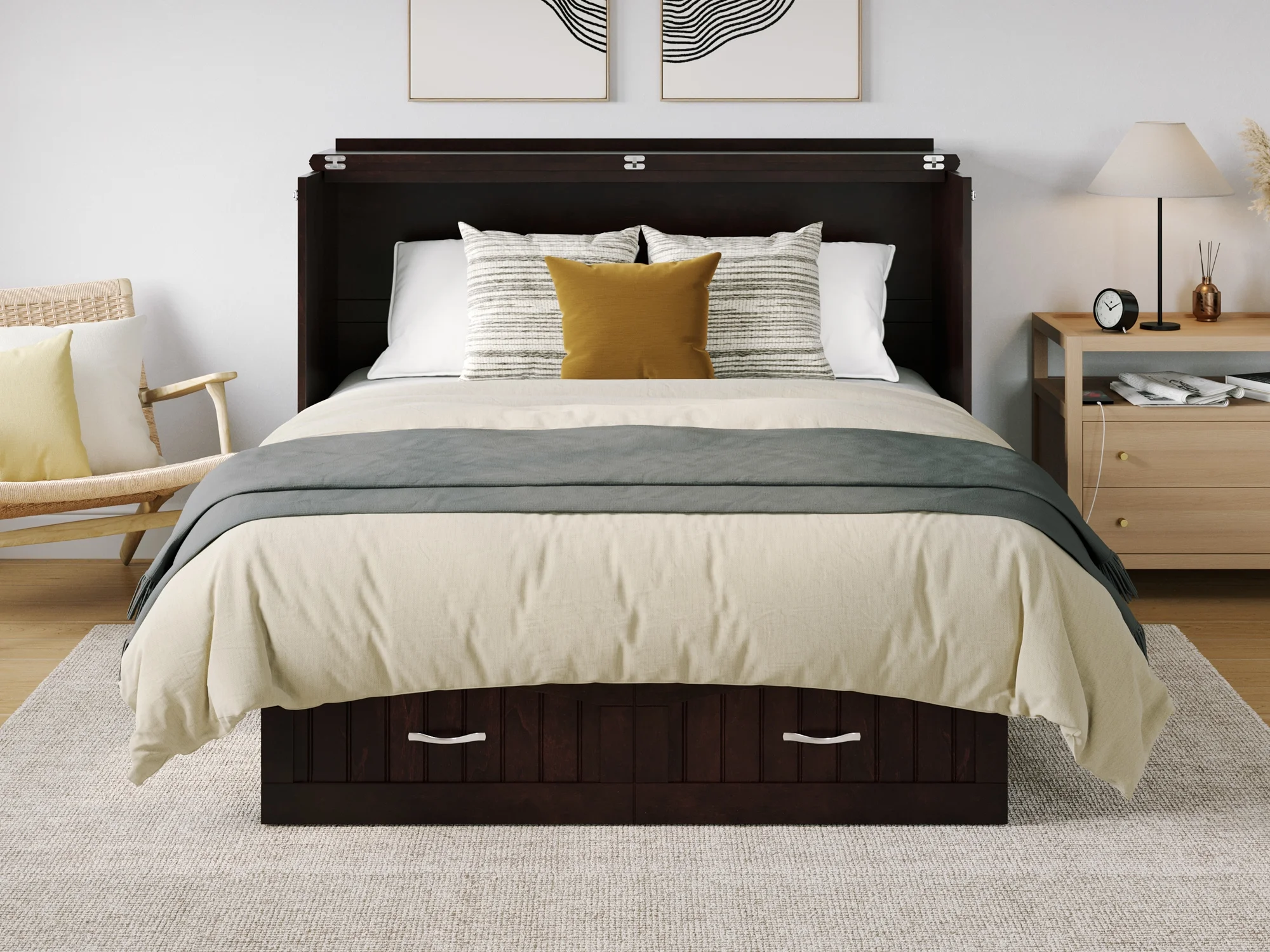 AFI Nantucket Queen Solid Wood Murphy Bed Chest with Mattress, Drawer & Charger in Espresso