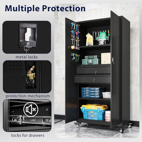 71" Metal Garage Storage Cabinet with Drawers and Wheels Rolling Tool Chest Cabinet with Pegboards