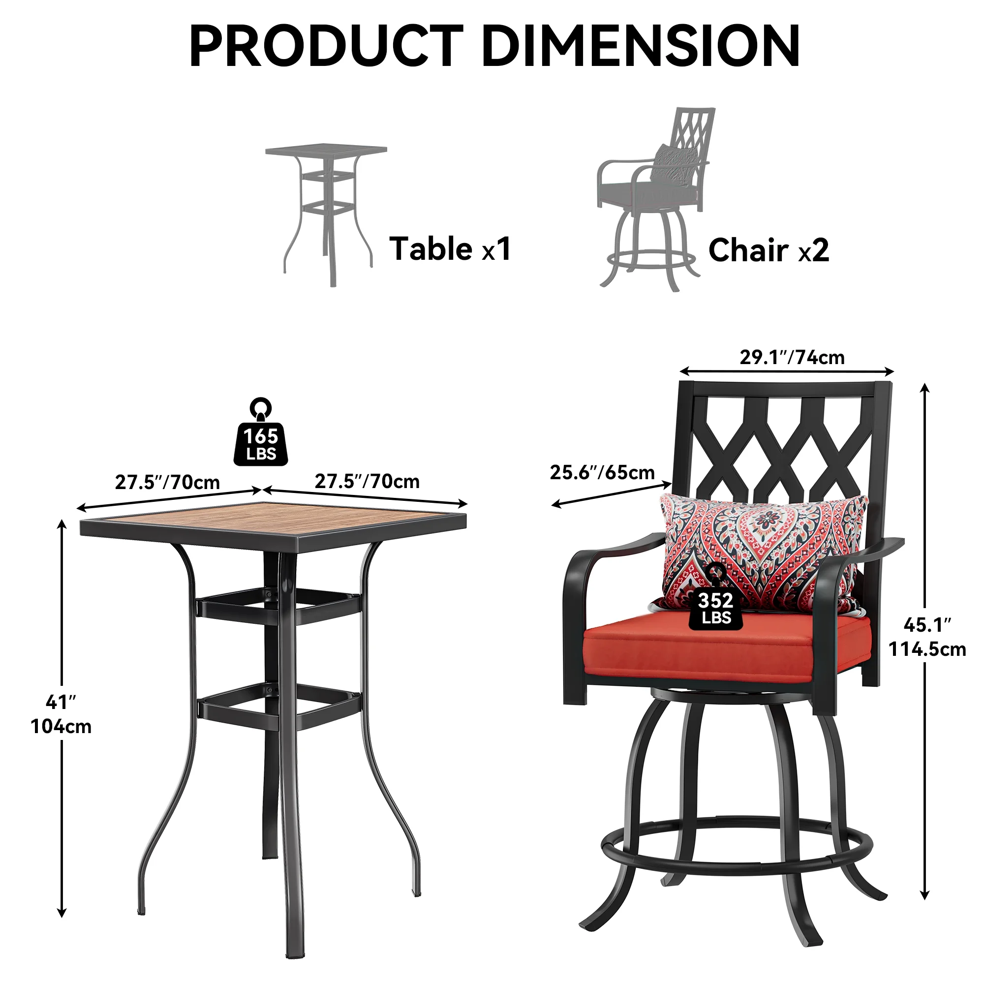 Dextrus 3-Piece Outdoor Bar Set, Weather Resistant Bar Height Patio Furniture Ensemble, 32'' Patio Height Bar Table and Bar Stools Set of 2 - Red