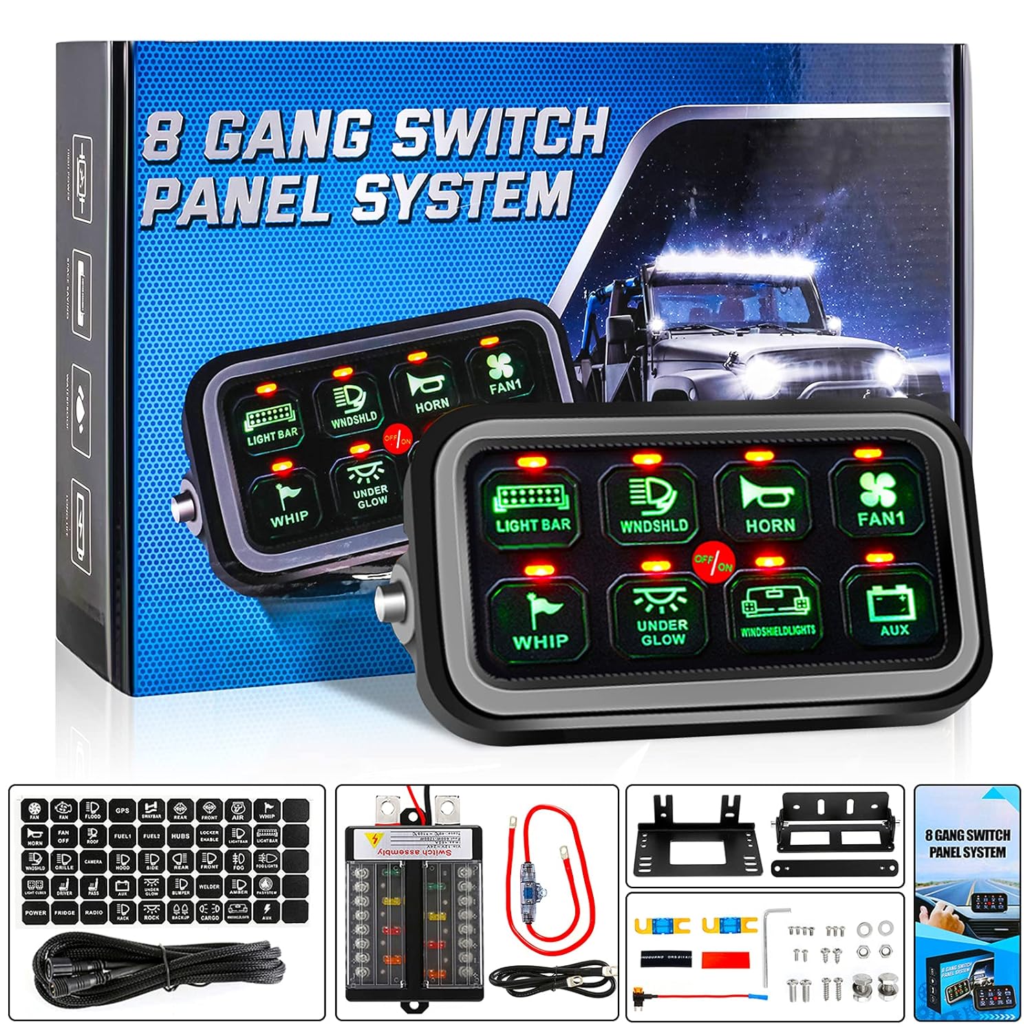 Auxpower 8 Gang Switch Panel Built-in Solid State Relay, Auxiliary Switch Panel for Jeep Truck Car Offroad SUV UTV Caravan, Automatic Dimmable