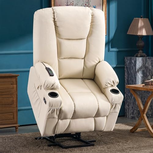 MCombo Small Power Lift Recliner Chair with Massage and Heat for Petite People, Cup Holders, USB Ports, Side Pockets, Faux Leather 7569 (Small