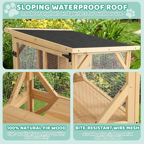 71" H Cat Catio Outdoor Cat Enclosure Window, 4 Tiers Cats Wooden House Cage on Wheels, Large Catios for Cats Indoor Patio with Waterproof Roof