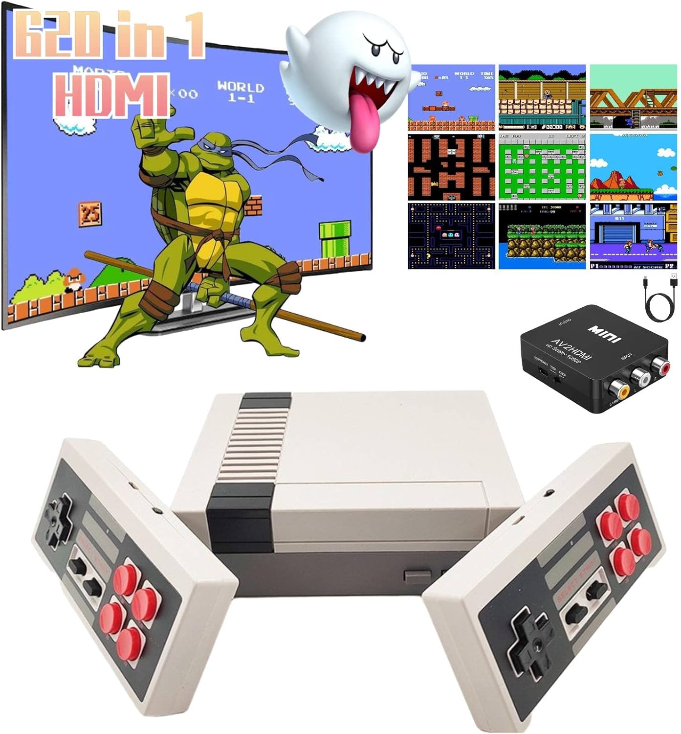 Classic Retro Games Console,Classic Game System with Built in 620 Games and 2 Controllers,AV and HDMI Output Video Games for Kids and Adults Pack of 2