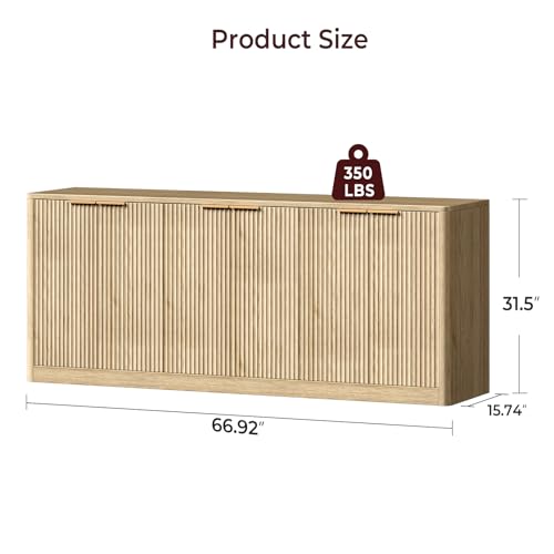 67" Fluted Oak Buffet Cabinet Sideboard with Storage, Large Credenza with 6 Doors