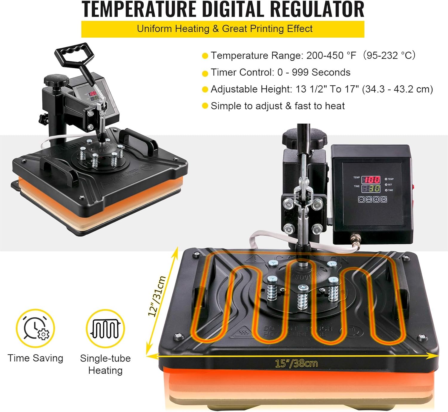 VEVOR Heat Press Machine, 15x15 Inch, 5 in 1 Combo Swing Away T-Shirt Sublimation Transfer Printer with Teflon Coated, Precise Heat Control