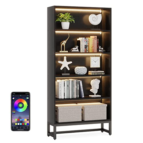 Tribesigns Tall Bookcase Black Bookshelf, 70.8” Large Bookcases Organizer with LED Lights