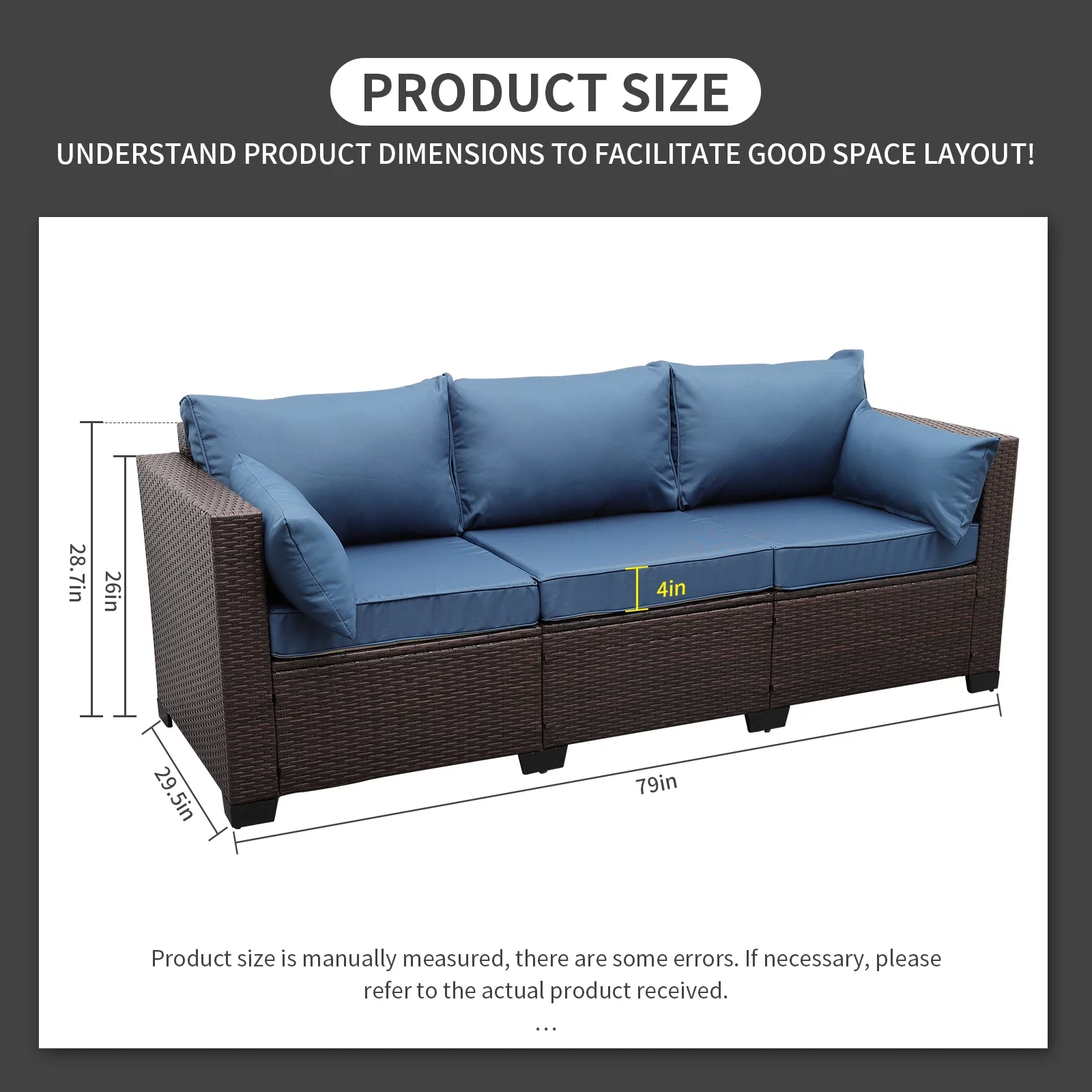 3-Seat Patio Wicker Sofa Outdoor Rattan Couch Furniture Steel Frame with High Back NO-Slip Cushioned, Blue - Radiant Selections