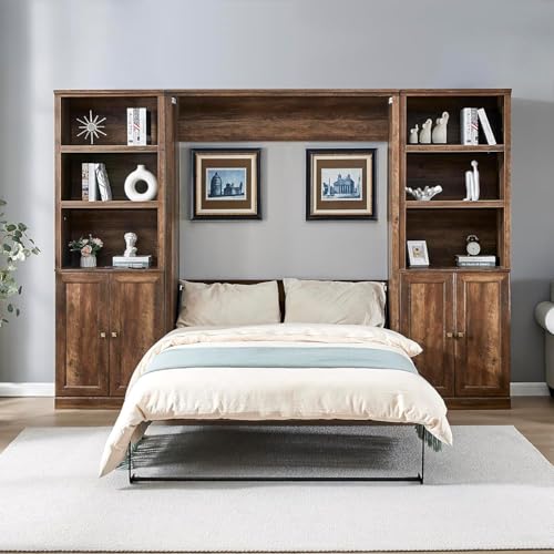 MERITLINE Queen Size Murphy Bed with Storage Bookcase Shelves,Cabinet and Charging Station,Wood Folding White Murphy Wall Bed