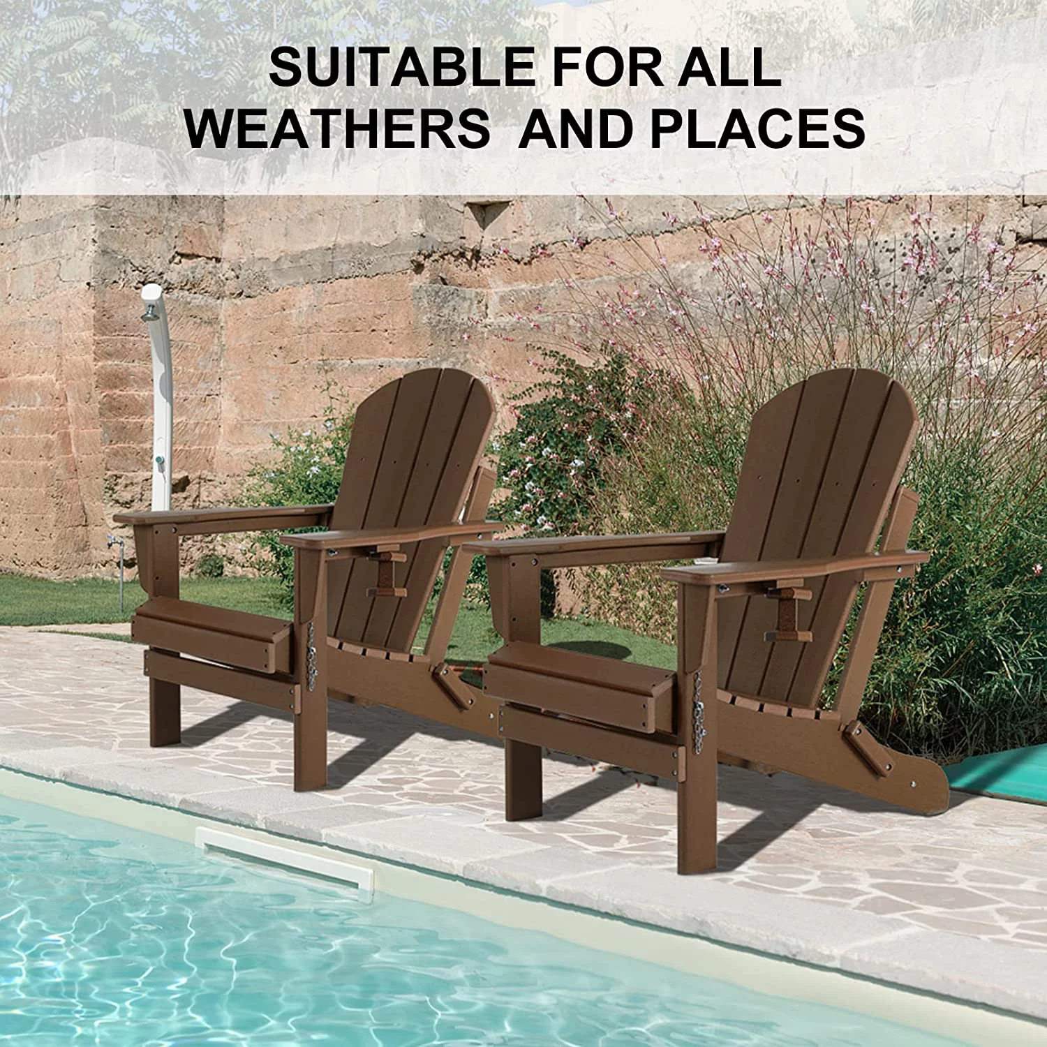 Nalone Folding Adirondack Chairs set of 2 with Cushion with Cup Holder, HDPE Plastic Oversized Patio Chair Weather Resistant(Wood)