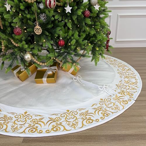 72-Inch Victorian Velvet Christmas Tree Skirt with Gold Damask Embroidery and Plush Lace Ties, Burgundy