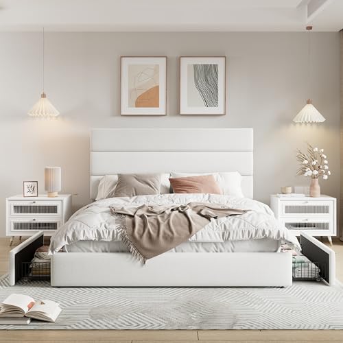 Allewie Modern Full Size Platform Bed Frame with 4 Storage Drawers and Velvet Upholstered Headboard, Wooden Slats Support