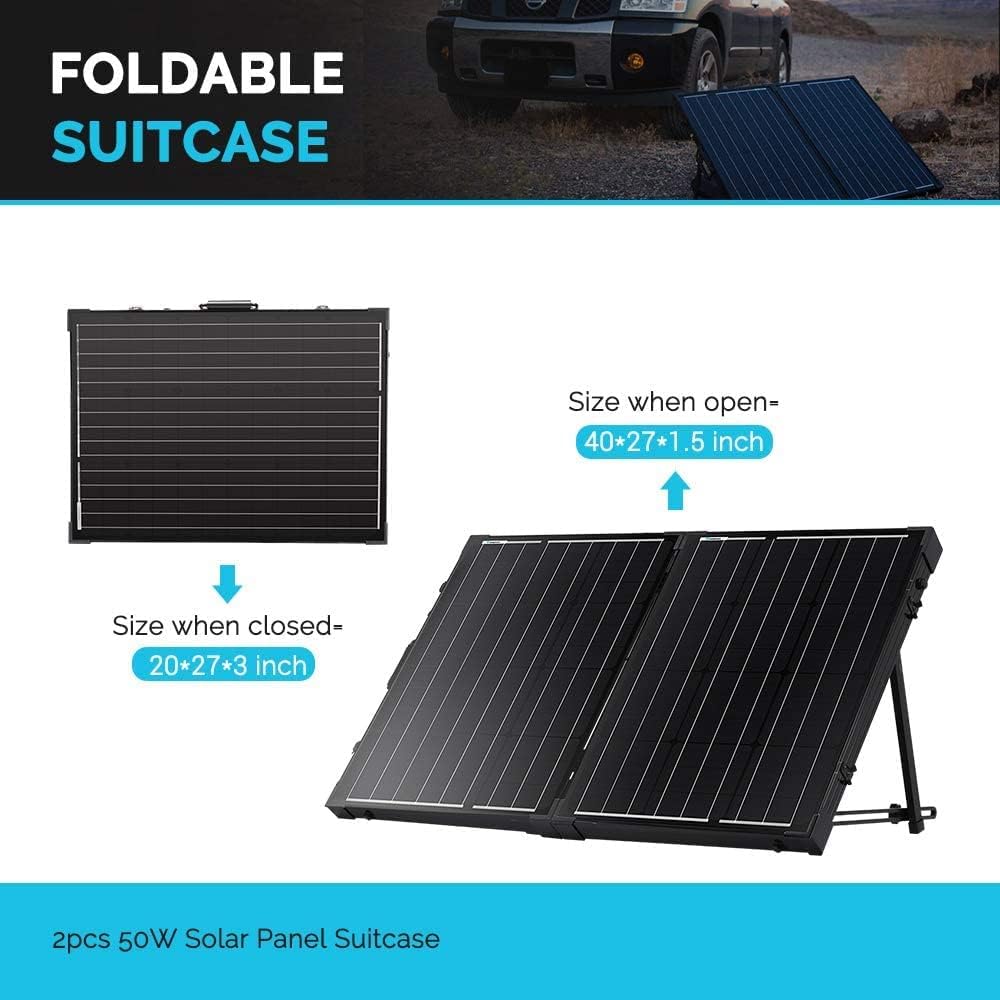 Renogy 100W 12V Monocrystalline Off Grid Portable Foldable 2pcs 50W Solar Panel Suitcase Built-In Kickstand