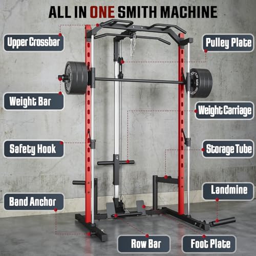 OPPSDECOR Power Cage, Multi-Function Power Rack with Adjustable Cable Pulley System, Squat Rack with Pull-up Bar, J-Hooks