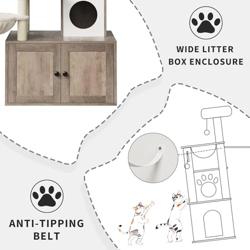 57.5-Inch Cat Tree with Litter Box Enclosure 2-in-1 Modern Cat Tower with Cat Condo/Hammock/Scratching Post/Plush Perch/Removable Pompom Sticks/Caves