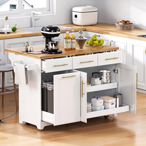 Ball & Cast Farmhouse Kitchen Island with Drop Leaf & Barn Door,Rolling Kitchen Cart on Wheels with Power Outlet,3 Large Drawers