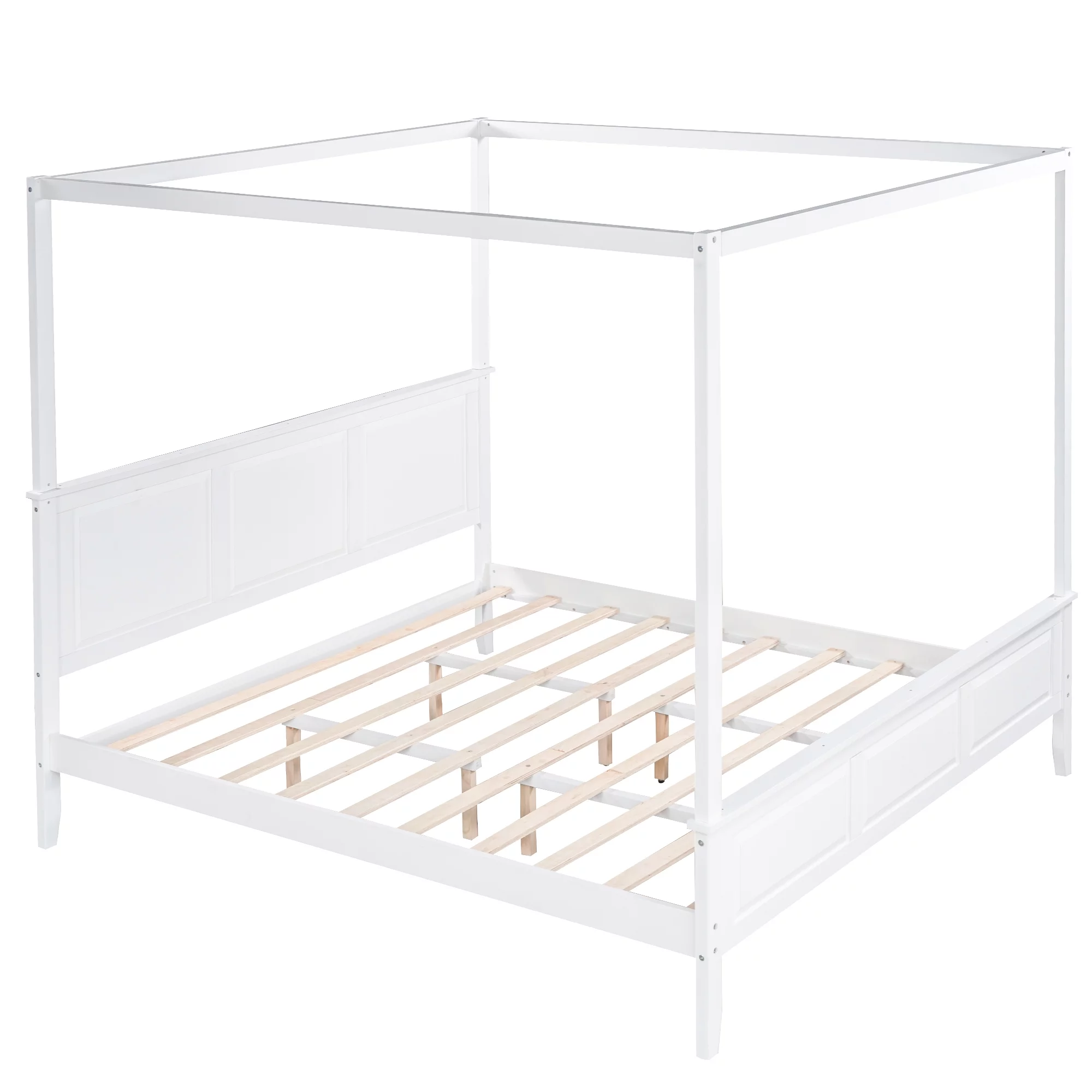 Euroco King Size Canopy Platform Bed with Four Slat Support Leg, White