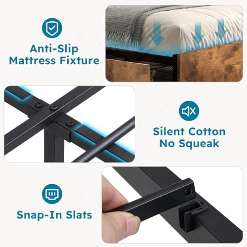 Queen Size Bed Frame with 4 Storage Drawers, LED Platform Bed with Headboard, Built in Charging Station, Noise Free, Stable and Solid