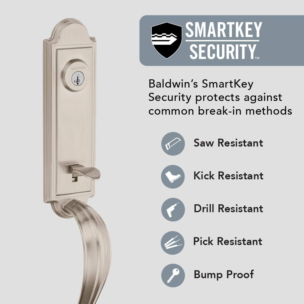 Baldwin Avendale Single Cylinder Front Door Handleset Featuring SmartKey Security in Satin Nickel