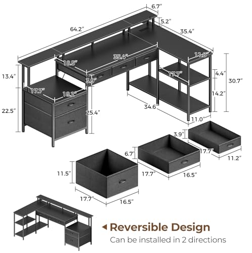 Seventable L Shaped Desk with File Drawers, 64" Home Office Desk with Power Outlet & LED Lights, Reversible Gaming Desk with Printer Storage Shelves