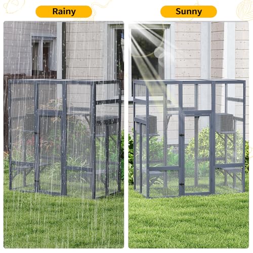 71Inches Large Wood Catio Outdoor Cat Enclosure with Perches and Condos, Cat House Indoor with Waterproof Roof