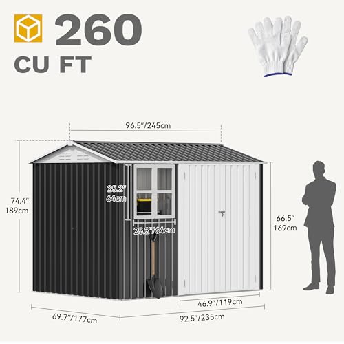 DWVO 8x6ft Large Tool Storage Shed with Window, Lockable Doors, and Sloped Roof, Oversized Steel Outdoor Storage Shed for Garden, Patio, Garage